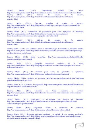 296
Suárez, Mario. (2011). Distribución Normal con Excel.
http://www.monografias.com/trabajos89/distribucion-normal-excel/distribucion-normal-excel.shtml
Suárez, Mario. (2011). Cálculo del tamaño de la muestra.
http://www.monografias.com/trabajos87/calculo-del-tamano-muestra/calculo-del-tamano-
muestra.shtml
Suárez, Mario. (2011). Ejercicios resueltos de prueba de hipótesis.
http://www.monografias.com/trabajos89/ejercicios-resueltos-prueba-hipotesis/ejercicios-resueltos-
prueba-hipotesis.shtml
Suárez, Mario. (2011). Distribución de frecuencias para datos agrupados en intervalos.
http://www.monografias.com/trabajos87/distribucion-frecuencias-datos-agrupados
intervalos/distribucion-frecuencias-datos-agrupados-intervalos.shtml
Suárez, Mario. (2011). Cálculo del tamaño de la muestra.
http://www.monografias.com/trabajos87/calculo-del-tamano-muestra/calculo-del-tamano-
muestra.shtml
Suárez, Mario. (2011). Guía didáctica para el interaprendizaje de medidas de tendencia central.
http://www.monografias.com/trabajos85/interaprendizaje-medidas-tendencia-central/interaprendizaje-
medidas-tendencia-central.shtml
Suárez, Mario. (2011). Media aritmética. http://www.monografias.com/trabajos85/media-
aritmetica/media-aritmetica.shtml
Suárez, Mario. (2011). Ejemplos ilustrativos resueltos de la Moda.
http://www.monografias.com/trabajos85/ejemplos-ilistrativos-resueltos-moda/ejemplos-ilistrativos-
resueltos-moda.shtml
Suárez, Mario. (2011). La mediana para datos no agrupados y agrupados.
http://www.monografias.com/trabajos85/ejecicios-mediana/ejecicios-mediana.shtml
Suárez, Mario. (2011). Medidas de posición. http://www.monografias.com/trabajos87/medidas-
posicion/medidas-posicion.shtml
Suárez, Mario. (2011). Medidas de dispersión. http://www.monografias.com/trabajos89/medidas-de-
dispersion/medidas-de-dispersion.shtml
Suárez, Mario. (2011). Medidas de forma: asimetría y curtosis.
http://www.monografias.com/trabajos87/medidas-forma-asimetria-curtosis/medidas-forma-asimetria-
curtosis.shtml
Suárez, Mario. (2011). Coeficiente de Correlación por Rangos de Spearman.
http://www.monografias.com/trabajos85/coeficiente-correlacion-rangos-spearman/coeficiente-
correlacion-rangos-spearman.shtml
Suárez, Mario. (2011). Dispersión relativa o coeficiente de variación.
http://www.monografias.com/trabajos88/dispersion-relativa/dispersion-relativa.shtml
Suárez, Mario. (2011). Regresión potencial mediante el método de los mínimos cuadrados.
http://www.monografias.com/trabajos89/regresion-potencial-metodo-minimos-cuadrados/regresion-
potencial-metodo-minimos-cuadrados.shtml
 