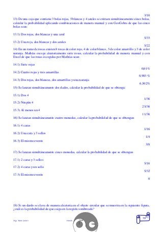 Mgs. Mario Suárez Introducción a la Probabilidad
39
3/10
13) De una caja que contiene 3 bolas rojas, 5 blancas y 4 azules se extraen simultáneamente cinco bolas,
calcular la probabilidad aplicando combinaciones de manera manual y con GeoGebra de que las cinco
bolas sean:
13.1) Dos rojas, dos blancas y una azul
5/33
13.2) Una roja, dos blancas y dos azules
5/22
14) En un ramo de rosas existen 8 rosas de color rojo, 4 de color blanco, 5 de color amarrillo y 3 de color
naranja. Mathías escoge aleatoriamente siete rosas, calcular la probabilidad de manera manual y con
Excel de que las rosas escogidas por Mathías sean:
14.1) Siete rojas
0,01%
14.2) Cuatro rojas y tres amarrillas
0,903 %
14.3) Dos rojas, dos blancas, dos amarrillas y una naranja
6,502%
15) Se lanzan simultáneamente dos dados, calcular la probabilidad de que se obtenga:
15.1) Dos 4
1/36
15.2) Ningún 4
25/36
15.3) Al menos un 4
11/36
16) Se lanzan simultáneamente cuatro monedas, calcular la probabilidad de que se obtengan
16.1) 4 caras
1/16
16.2) Una cara y 3 sellos
1/4
16.3) El mismo evento
3/8
17) Se lanzan simultáneamente cinco monedas, calcular la probabilidad de que se obtengan
17.1) 2 caras y 3 sellos
5/16
17.2) 4 caras y un sello
5/32
17.3) El mismo evento
0
18) Si un dardo se clava de manera aleatoria en el objeto circular que se muestra en la siguiente figura,
¿cuál es la probabilidad de que caiga en la región sombreada?
0,5
 