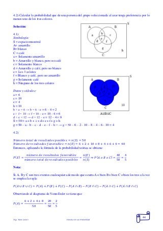 Mgs. Mario Suárez Introducción a la Probabilidad
44
4.2) Calcular la probabilidad que de una persona del grupo seleccionada al azar tenga preferencia por lo
menos uno de los tres colores.
Solución:
4.1)
Simbología:
S = espacio muestral
A= amarrillo
B= blanco
C = café
a = Solamente amarrillo
b = Amarrillo y blanco, pero no café
c = Solamente blanco
d = Amarrillo y café, pero no blanco
e = Los 3 colores
f = Blanco y café, pero no amarrillo
g = Solamente café
h = Ninguno de los tres colores
Datos y cálculos:
a = 6
c = 10
e = 4
h = 10
b + e = 6 → b = 6 – e = 6 – 4 = 2
e + f = 10 → f = 10 – e = 10 – 4 = 6
d + e = 12 → d = 12 – e = 12 – 4 = 8
S = 50 = a + b + c + d+ e + f+ g + h
g = 50 – a – b – c – d – e – f – h = → g = 50 – 6 – 2 – 10 – 8 – 4 – 6 – 10 = 4
4.2)
𝑁ú𝑚𝑒𝑟𝑜 𝑡𝑜𝑡𝑎𝑙 𝑑𝑒 𝑟𝑒𝑠𝑢𝑙𝑡𝑎𝑑𝑜𝑠 𝑝𝑜𝑠𝑖𝑏𝑙𝑒𝑠 = 𝑛( 𝑆) = 50
𝑁ú𝑚𝑒𝑟𝑜 𝑑𝑒 𝑟𝑒𝑠𝑢𝑙𝑡𝑎𝑑𝑜𝑠 𝑓𝑎𝑣𝑜𝑟𝑎𝑏𝑙𝑒𝑠 = 𝑛( 𝐸) = 6 + 2 + 10 + 8 + 4 + 6 + 4 = 40
Entonces, aplicando la fórmula de la probabilidad teórica se obtiene:
𝑃( 𝐸) =
𝑛ú𝑚𝑒𝑟𝑜 𝑑𝑒 𝑟𝑒𝑠𝑢𝑙𝑡𝑎𝑑𝑜𝑠 𝑓𝑎𝑣𝑜𝑟𝑎𝑏𝑙𝑒𝑠
𝑛ú𝑚𝑒𝑟𝑜 𝑡𝑜𝑡𝑎𝑙 𝑑𝑒 𝑟𝑒𝑠𝑢𝑙𝑡𝑎𝑑𝑜𝑠 𝑝𝑜𝑠𝑖𝑏𝑙𝑒𝑠
=
𝑛(𝐸)
𝑛(𝑆)
⇒ 𝑃( 𝐴 𝑜 𝐵 𝑜 𝐶) =
40
50
=
4
5
Nota:
Si A, B y C son tres eventos cualesquiera de modo que ocurra A o bien B o bien C o bien los tres a la vez
se emplea la regla:
𝑃( 𝐴 ∪ 𝐵 ∪ 𝐶) = 𝑃( 𝐴) + 𝑃( 𝐵) + 𝑃( 𝐶) − 𝑃( 𝐴 ∩ 𝐵) − 𝑃( 𝐵 ∩ 𝐶) − 𝑃( 𝐴 ∩ 𝐶) + 𝑃(𝐴 ∩ 𝐵 ∩ 𝐶)
Observando el diagrama de Venn-Euler se tiene que:
𝑃( 𝐴) =
6 + 2 + 4 + 8
50
=
20
50
=
2
5
 