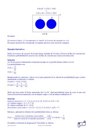 Mgs. Mario Suárez Introducción a la Probabilidad
48
𝑃( 𝐴𝑜𝐵) = 𝑃( 𝐴) + 𝑃( 𝐵)
𝑜
𝑃( 𝐴 ∪ 𝐵) = 𝑃( 𝐴) + 𝑃( 𝐵)
En donde:
El conectivo lógico “o” corresponde a la “unión” en la teoría de conjuntos (o =∪)
El espacio muestral (S) corresponde al conjunto universo en la teoría de conjuntos
Ejemplos ilustrativos
1) Sea Ael suceso de sacar un As de una baraja estándar de 52 cartas y B sacar un Rey de corazón rojo.
Calcular la probabilidad de sacar un As o un Rey de corazón rojo en una sola extracción.
Solución:
A y B son sucesos mutuamente excluyentes porque no es posible obtener ambos a la vez.
Las probabilidades son:
𝑃( 𝐴) =
4
52
𝑃( 𝐵) =
1
52
Remplazando los anteriores valores en la regla particular de la adición de probabilidades para eventos
mutuamente excluyentes se obtiene:
𝑃( 𝐴𝑜𝐵) = 𝑃( 𝐴) + 𝑃( 𝐵)
𝑃( 𝐴𝑜𝐵) =
4
52
+
1
52
=
5
52
2) En una urna existe 10 bolas numeradas del 1 al 10. ¿Qué probabilidad existe de sacar en una sola
extracción una bola enumerada con un número impar o con un número múltiplo de 4?
Solución:
𝐸𝑠𝑝𝑎𝑐𝑖𝑜 𝑚𝑢𝑒𝑠𝑡𝑟𝑎𝑙 = 𝑆 = {1, 2, 3, 4, 5, 6, 7, 8, 9, 10} ⟹ 𝑛( 𝑆) = 10
A = número impar = {1, 3, 5, 7, 9}
B = número múltiplo de 4 = {4, 8}
𝑅𝑒𝑠𝑢𝑙𝑡𝑎𝑑𝑜𝑠 𝑓𝑎𝑣𝑜𝑟𝑎𝑏𝑙𝑒𝑠 = 𝐴 ∪ 𝐵 = {1, 3, 5, 7, 9, 4, 8} ⇒ 𝑛( 𝐸) = 7
Entonces, aplicando la fórmula de la probabilidad teórica se obtiene:
𝑃( 𝐸) =
𝑛ú𝑚𝑒𝑟𝑜 𝑑𝑒 𝑟𝑒𝑠𝑢𝑙𝑡𝑎𝑑𝑜𝑠 𝑓𝑎𝑣𝑜𝑟𝑎𝑏𝑙𝑒𝑠
𝑛ú𝑚𝑒𝑟𝑜 𝑡𝑜𝑡𝑎𝑙 𝑑𝑒 𝑟𝑒𝑠𝑢𝑙𝑡𝑎𝑑𝑜𝑠 𝑝𝑜𝑠𝑖𝑏𝑙𝑒𝑠
=
𝑛(𝐸)
𝑛(𝑆)
⇒ 𝑃( 𝐴𝑜𝐵) =
7
10
O también, realizando un diagrama de Venn-Euler se obtiene:
 