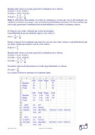 Mgs. Mario Suárez Introducción a la Probabilidad
61
Remplazando valores en la regla general de la multiplicación se obtiene:
𝑃( 𝐴𝑦𝐵) = 𝑃( 𝐴) ∙ 𝑃( 𝐵/𝐴)
𝑃(𝐻𝑦𝑁) = 𝑃(𝐻) ∙ 𝑃(𝑁/𝐻)
𝑃( 𝐻𝑦𝑁) =
3
8
∙
2
15
=
1
20
Nota: Si observamos directamente en la tabla de contingencia, se tiene que 2 de los 40 estudiantes son
“hombres y tienen los ojos negros”, que en la tabla de probabilidades representa 1/20. Esto confirma que
con la regla general para la multiplicación de probabilidades sí se obtiene la respuesta correcta.
b) Tenga los ojos verdes, sabiendo que se trata de una mujer
La probabilidad de que un estudiante tenga los ojos verdes es:
𝑃( 𝑉) =
4
40
=
1
10
Existen 3 mujeres de 4 estudiantes que tienen los ojos de color verde, entonces, la probabilidad de que
sea mujer, siempre que tenga los ojos de color verde es:
𝑃( 𝑀/𝑉) =
3
4
Remplazando valores en la regla general de la multiplicación se obtiene:
𝑃( 𝐴𝑦𝐵) = 𝑃( 𝐴) ∙ 𝑃( 𝐵/𝐴)
𝑃(𝑉𝑦𝑀) = 𝑃(𝑉) ∙ 𝑃(𝑀/𝑉)
𝑃( 𝑉𝑦𝑀) =
1
10
∙
3
4
=
3
40
O también, observando directamente en la tabla de probabilidades se obtiene:
𝑃( 𝑉𝑦𝑀) =
3
40
Los cálculos en Excel se muestran en la siguiente figura:
 