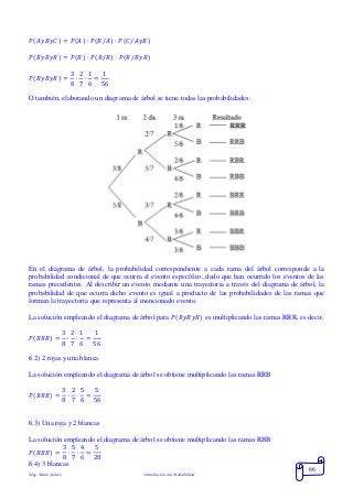 Mgs. Mario Suárez Introducción a la Probabilidad
66
𝑃( 𝐴𝑦𝐵𝑦𝐶) = 𝑃( 𝐴) ∙ 𝑃( 𝐵/𝐴) ∙ 𝑃(𝐶/𝐴𝑦𝐵)
𝑃( 𝑅𝑦𝑅𝑦𝑅) = 𝑃( 𝑅) ∙ 𝑃( 𝑅/𝑅) ∙ 𝑃(𝑅/𝑅𝑦𝑅)
𝑃( 𝑅𝑦𝑅𝑦𝑅) =
3
8
∙
2
7
∙
1
6
=
1
56
O también, elaborando un diagrama de árbol se tiene todas las probabilidades:
En el diagrama de árbol, la probabilidad correspondiente a cada rama del árbol corresponde a la
probabilidad condicional de que ocurra el evento específico, dado que han ocurrido los eventos de las
ramas precedentes. Al describir un evento mediante una trayectoria a través del diagrama de árbol, la
probabilidad de que ocurra dicho evento es igual a producto de las probabilidades de las ramas que
forman la trayectoria que representa al mencionado evento.
La solución empleando el diagrama de árbol para 𝑃( 𝑅𝑦𝑅𝑦𝑅) es multiplicando las ramas RRR, es decir,
𝑃( 𝑅𝑅𝑅) =
3
8
∙
2
7
∙
1
6
=
1
56
6.2) 2 rojas y una blanca
La solución empleando el diagrama de árbol se obtiene multiplicando las ramas RRB
𝑃( 𝑅𝑅𝐵) =
3
8
∙
2
7
∙
5
6
=
5
56
6.3) Una roja y 2 blancas
La solución empleando el diagrama de árbol se obtiene multiplicando las ramas RBB
𝑃( 𝑅𝐵𝐵) =
3
8
∙
5
7
∙
4
6
=
5
28
6.4) 3 blancas
 