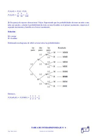 Mgs. Mario Suárez Introducción a la Probabilidad
68
𝑃( 𝐴𝑦𝐵) = 𝑃( 𝐴) ∙ 𝑃( 𝐵)
𝑃( 𝐴𝑦𝐵) =
4
52
∙
4
52
=
1
169
2) Una pareja de esposos desean tener 3 hijos. Suponiendo que las probabilidades de tener un niño o una
niña son iguales, calcular la probabilidad de éxito en tener hombre en el primer nacimiento, mujer en el
segundo nacimiento y hombre en el tercer nacimiento.
Solución:
M = mujer
H = hombre
Elaborando un diagrama de árbol se tiene todas las probabilidades:
Entonces,
𝑃( 𝐻𝑦𝑀𝑦𝐻) = 𝑃(𝐻𝑀𝐻) =
1
2
∙
1
2
∙
1
2
=
1
8
TAREA DE INTERAPRENDIZAJE N° 4
 