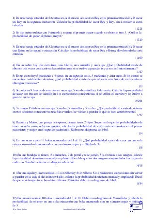 Mgs. Mario Suárez Introducción a la Probabilidad
69
1) De una baraja estándar de 52 cartas sea Ael suceso de sacar un Rey en la primera extracción y B sacar
un Rey en la segunda extracción. Calcular la probabilidad de sacar Rey y Rey, sin devolver la carta
extraída.
1/221
2) Se tienen tres ruletas con 9 símbolos, se gana el premio mayor cuando se obtienen tres 3. ¿Cuál es la
probabilidad de ganar el premio mayor?
1/729
3) De una baraja estándar de 52 cartas sea Ael suceso de sacar un Rey en la primera extracción y B sacar
una Reina en la segunda extracción. Calcular la probabilidad de sacar Rey y Reina, devolviendo la carta
extraída.
1/169
4) En un sobre hay tres cartulinas: una blanca, una amarilla y una roja. ¿Qué probabilidad existe de
obtener tres veces consecutivas la cartulina roja si se vuelve a guardar lo que se sacó anteriormente?
1/27
5) En un cesto hay 5 manzanas y 4 peras; en un segundo cesto, 3 manzanas y 2 naranjas. Si los cestos se
encuentran totalmente cubiertos, ¿qué probabilidad existe de que al sacar una fruta de cada cesto se
obtengan manzanas?
1/3
6) Se colocan 9 frascos de esencias en una caja, 5 son de vainilla y 4 de menta. Calcular la probabilidad
de sacar dos frascos de vainilla en dos extracciones consecutivas, si se utiliza el extracto y se vuelve a
guardar en la caja
25/81
7) Se tienen 15 fichas en una caja: 5 verdes, 5 amarillas y 5 azules. ¿Qué probabilidad existe de obtener
en tres ocasiones consecutivas una ficha verde si se vuelve a guardar la que se sacó anteriormente?.
1/27
8) Dyanita y Mario, una pareja de esposos, desean tener 2 hijos. Suponiendo que las probabilidades de
tener un niño o una niña son iguales, calcular la probabilidad de éxito en tener hombre en el primer
nacimiento y mujer en el segundo nacimiento. Elabore un diagrama de árbol.
1/4
9) En una urna existe 10 bolas numeradas del 1 al 10. ¿Qué probabilidad existe de sacar en una sola
extracción una bola enumerada con un número impar y múltiplo de 3?
1/5
10) En una bandeja se tienen 15 sánduches, 7 de pernil y 8 de jamón. Si se brinda a dos amigos, calcule
la probabilidad de manera manual y empleando Excel de que los dos amigos escojan sánduches de jamón
cada uno. También elabore un diagrama de árbol.
4/15
11) En una caja hay 18 chocolates, 10 con relleno y 8 sin relleno. Si se realiza tres extracciones sin volver
a guardar en la caja el chocolate extraído, calcule la probabilidad de manera manual y empleando Excel
de que se obtengan tres chocolates rellenos. También elabore un diagrama de árbol.
5/34
12) En una urna existe 10 bolas numeradas del 1 al 10. Elabore un diagrama de Venn-Euler y calcule la
probabilidad de obtener en una sola extracción una bola enumerada con un número impar y múltiplo
de 5
 