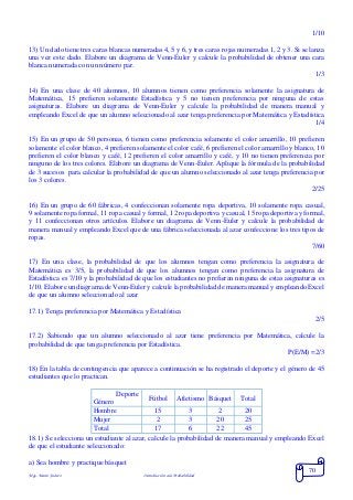 Mgs. Mario Suárez Introducción a la Probabilidad
70
1/10
13) Un dado tiene tres caras blancas numeradas 4, 5 y 6, y tres caras rojas numeradas 1, 2 y 3. Si se lanza
una vez este dado. Elabore un diagrama de Venn-Euler y calcule la probabilidad de obtener una cara
blanca numerada con un número par.
1/3
14) En una clase de 40 alumnos, 10 alumnos tienen como preferencia solamente la asignatura de
Matemática, 15 prefieren solamente Estadística y 5 no tienen preferencia por ninguna de estas
asignaturas. Elabore un diagrama de Venn-Euler y calcule la probabilidad de manera manual y
empleando Excel de que un alumno seleccionado al azar tenga preferencia por Matemática y Estadística
1/4
15) En un grupo de 50 personas, 6 tienen como preferencia solamente el color amarrillo, 10 prefieren
solamente el color blanco, 4 prefieren solamente el color café, 6 prefieren el color amarrillo y blanco, 10
prefieren el color blanco y café, 12 prefieren el color amarrillo y café, y 10 no tienen preferencia por
ninguno de los tres colores. Elabore un diagrama de Venn-Euler. Aplique la fórmula de la probabilidad
de 3 sucesos para calcular la probabilidad de que un alumno seleccionado al azar tenga preferencia por
los 3 colores.
2/25
16) En un grupo de 60 fábricas, 4 confeccionan solamente ropa deportiva, 10 solamente ropa casual,
9 solamente ropa formal, 11 ropa casual y formal, 12 ropa deportiva y casual, 15 ropa deportiva y formal,
y 11 confeccionan otros artículos. Elabore un diagrama de Venn-Euler y calcule la probabilidad de
manera manual y empleando Excel que de una fábrica seleccionada al azar confeccione los tres tipos de
ropas.
7/60
17) En una clase, la probabilidad de que los alumnos tengan como preferencia la asignatura de
Matemática es 3/5, la probabilidad de que los alumnos tengan como preferencia la asignatura de
Estadística es 7/10 y la probabilidad de que los estudiantes no prefieran ninguna de estas asignaturas es
1/10. Elabore un diagrama de Venn-Euler y calcule la probabilidad de manera manual y empleando Excel
de que un alumno seleccionado al azar
17.1) Tenga preferencia por Matemática y Estadística
2/5
17.2) Sabiendo que un alumno seleccionado al azar tiene preferencia por Matemática, calcule la
probabilidad de que tenga preferencia por Estadística.
P(E/M) =2/3
18) En la tabla de contingencia que aparece a continuación se ha registrado el deporte y el género de 45
estudiantes que lo practican.
Deporte
Género
Fútbol Atletismo Básquet Total
Hombre 15 3 2 20
Mujer 2 3 20 25
Total 17 6 22 45
18.1) Se selecciona un estudiante al azar, calcule la probabilidad de manera manual y empleando Excel
de que el estudiante seleccionado:
a) Sea hombre y practique básquet
 