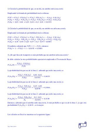 Mgs. Mario Suárez Introducción a la Probabilidad
73
1) Calcular la probabilidad de que, en un día, un autobús sufra una avería
Empleando la fórmula de probabilidad total se obtiene:
𝑃( 𝐵) = 𝑃( 𝐴1) ∙ 𝑃( 𝐵/𝐴1) + 𝑃( 𝐴2) ∙ 𝑃( 𝐵/𝐴2) + ⋯ 𝑃(𝐴 𝑛) ∙ 𝑃(𝐵/𝐴 𝑛)
𝑃( 𝐵1) = 𝑃( 𝐴1) ∙ 𝑃( 𝐵1/𝐴1) + 𝑃( 𝐴2) ∙ 𝑃( 𝐵1/𝐴2) + 𝑃(𝐴3) ∙ 𝑃(𝐵1/𝐴3)
𝑃( 𝐵1) = 0,45 ∙ 0,02 + 0,25 ∙ 0,03 + 0,3 ∙ 0,01 = 0,0195
2) Calcular la probabilidad de que, en un día, un autobús no sufra una avería
Empleando la fórmula de probabilidad total se obtiene:
𝑃( 𝐵) = 𝑃( 𝐴1) ∙ 𝑃( 𝐵/𝐴1) + 𝑃( 𝐴2) ∙ 𝑃( 𝐵/𝐴2) + ⋯ 𝑃(𝐴 𝑛) ∙ 𝑃(𝐵/𝐴 𝑛)
𝑃( 𝐵2) = 𝑃( 𝐴1) ∙ 𝑃( 𝐵2/𝐴1) + 𝑃( 𝐴2) ∙ 𝑃( 𝐵2/𝐴2) + 𝑃(𝐴3) ∙ 𝑃(𝐵2/𝐴3)
𝑃( 𝐵2) = 0,45 ∙ 0,98 + 0,25 ∙ 0,97 + 0,3 ∙ 0,99 = 0,9805
O también, sabiendo que 𝑃( 𝐸̅) = 1 − 𝑃( 𝐸), entonces
𝑃( 𝐵2) = 1 − 𝑃( 𝐵1) = 1 − 0,0195 = 0,9805
3) ¿De qué línea de transporte es más probable que un autobús sufra una avería?
Se debe calcular las tres probabilidades aposteriori empleando el Teorema de Bayes
𝑃(𝐴1/𝐵) =
𝑃(𝐴1) ∙ 𝑃(𝐵/𝐴1)
𝑃(𝐵)
La probabilidad de que sea de la línea 1, sabiendo que sufre una avería es:
𝑃(𝐴1/𝐵1) =
𝑃( 𝐴1) ∙ 𝑃( 𝐵/𝐴1)
𝑃( 𝐵1)
=
0,45 ∙ 0,02
0,0195
= 0,4615
La probabilidad de que sea de la línea 2, sabiendo que sufre una avería es:
𝑃(𝐴2/𝐵1) =
𝑃( 𝐴2) ∙ 𝑃( 𝐵/𝐴2)
𝑃( 𝐵1)
=
0,25 ∙ 0,03
0,0195
= 0,3846
La probabilidad de que sea de la línea 3, sabiendo que sufre una avería es:
𝑃( 𝐴3/𝐵1) =
𝑃( 𝐴3) ∙ 𝑃( 𝐵1/𝐴3)
𝐵1
=
0,3 ∙ 0,01
0,0195
= 0,1538
Entonces, sabiendo que el autobús sufre una avería, lo más probable es que sea de la línea 1, ya que esta
probabilidad 𝑃(𝐴1/𝐵1) = 0,4615 , es la mayor.
Los cálculos en Excel se muestran en la siguiente figura:
 