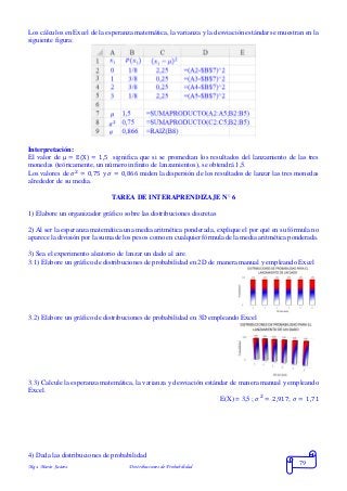 Mgs. Mario Suárez Distribuciones de Probabilidad
79
Los cálculos en Excel de la esperanza matemática, la varianza y la desviación estándar se muestran en la
siguiente figura:
Interpretación:
El valor de μ = E(X) = 1,5 significa que si se promedian los resultados del lanzamiento de las tres
monedas (teóricamente, un número infinito de lanzamientos), se obtendrá 1,5.
Los valores de 𝜎2
= 0,75 y 𝜎 = 0,866 miden la dispersión de los resultados de lanzar las tres monedas
alrededor de su media.
TAREA DE INTERAPRENDIZAJE N° 6
1) Elabore un organizador gráfico sobre las distribuciones discretas
2) Al ser la esperanza matemática una media aritmética ponderada, explique el por qué en su fórmula no
aparece la división por la suma de los pesos como en cualquier fórmula de la media aritmética ponderada.
3) Sea el experimento aleatorio de lanzar un dado al aire.
3.1) Elabore un gráfico de distribuciones de probabilidad en 2D de manera manual y empleando Excel
3.2) Elabore un gráfico de distribuciones de probabilidad en 3D empleando Excel
3.3) Calcule la esperanza matemática, la varianza y desviación estándar de manera manual y empleando
Excel.
E(X) = 3,5 ; 𝜎2
= 2,917; 𝜎 = 1,71
4) Dada las distribuciones de probabilidad
 