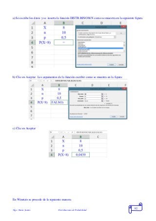Mgs. Mario Suárez Distribuciones de Probabilidad
82
a) Se escribe los datos y se inserta la función DISTR.BINOM.N como se muestra en la siguiente figura:
b) Clic en Aceptar. Los argumentos de la función escribir como se muestra en la figura:
c) Clic en Aceptar
En Winstats se procede de la siguiente manera
 