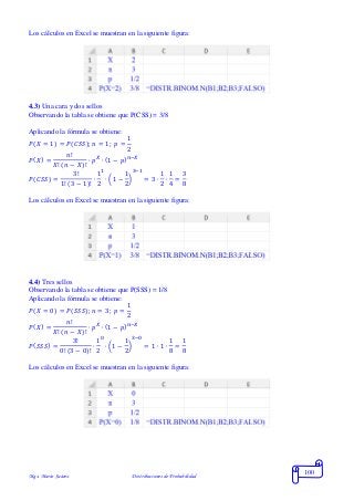 Mgs. Mario Suárez Distribuciones de Probabilidad
100
Los cálculos en Excel se muestran en la siguiente figura:
4.3) Una cara y dos sellos
Observando la tabla se obtiene que P(CSS) = 3/8
Aplicando la fórmula se obtiene:
𝑃( 𝑋 = 1) = 𝑃(𝐶𝑆𝑆); 𝑛 = 1; 𝑝 =
1
2
𝑃( 𝑋) =
𝑛!
𝑋! ( 𝑛 − 𝑋)!
∙ 𝑝 𝑋
∙ (1 − 𝑝) 𝑛−𝑋
𝑃( 𝐶𝑆𝑆) =
3!
1! (3 − 1)!
∙
1
2
1
∙ (1 −
1
2
)
3−1
= 3 ∙
1
2
∙
1
4
=
3
8
Los cálculos en Excel se muestran en la siguiente figura:
4.4) Tres sellos
Observando la tabla se obtiene que P(SSS) = 1/8
Aplicando la fórmula se obtiene:
𝑃( 𝑋 = 0) = 𝑃(𝑆𝑆𝑆); 𝑛 = 3; 𝑝 =
1
2
𝑃( 𝑋) =
𝑛!
𝑋! ( 𝑛 − 𝑋)!
∙ 𝑝 𝑋
∙ (1 − 𝑝) 𝑛−𝑋
𝑃( 𝑆𝑆𝑆) =
3!
0! (3 − 0)!
∙
1
2
0
∙ (1 −
1
2
)
3−0
= 1 ∙ 1 ∙
1
8
=
1
8
Los cálculos en Excel se muestran en la siguiente figura:
 
