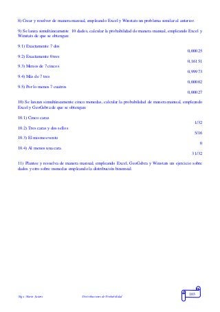 Mgs. Mario Suárez Distribuciones de Probabilidad
103
8) Crear y resolver de manera manual, empleando Excel y Winstats un problema similar al anterior.
9) Se lanza simultáneamente 10 dados, calcular la probabilidad de manera manual, empleando Excel y
Winstats de que se obtengan:
9.1) Exactamente 7 dos
0,00025
9.2) Exactamente 0 tres
0,16151
9.3) Menos de 7 cincos
0,99973
9.4) Más de 7 tres
0,00002
9.5) Por lo menos 7 cuatros
0,00027
10) Se lanzan simultáneamente cinco monedas, calcular la probabilidad de manera manual, empleando
Excel y GeoGebra de que se obtengan:
10.1) Cinco caras
1/32
10.2) Tres caras y dos sellos
5/16
10.3) El mismo evento
0
10.4) Al menos una cara
31/32
11) Plantee y resuelva de manera manual, empleando Excel, GeoGebra y Winstats un ejercicio sobre
dados y otro sobre monedas empleando la distribución binomial.
 