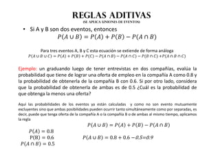 Reglas aditivas
(se aplica uniones de eventos)
• Si A y B son dos eventos, entonces
(  ∪   (  / (  B (C ∩ D
Para tres eventos A, B y C esta ecuación se extiende de forma análoga
(  ∪  ∪ !  (  / (  / (C!D B (C ∩ D B (C ∩ !D B (C ∩ !D /(C ∩  ∩ !D
Ejemplo: un graduando luego de tener entrevistas en dos compañías, evalúa la
probabilidad que tiene de lograr una oferta de empleo en la compañía A como 0.8 y
la probabilidad de obtenerla de la compañía B con 0.6. Si por otro lado, considera
que la probabilidad de obtenerla de ambas es de 0.5 ¿Cuál es la probabilidad de
que obtenga la menos una oferta?
Aquí las probabilidades de los eventos ya están calculadas y como no son evento mutuamente
excluyentes sino que ambas posibilidades pueden ocurrir tanto simultáneamente como por separadas, es
decir, puede que tenga oferta de la compañía A o la compañía B o de ambas al mismo tiempo, aplicamos
la regla
																																					(  ∪   (  / (  B (  ∩ 
(   0.8
									P B  0.6	 	(  ∪   0.8 / 0.6 B0.5=0.9
(  ∩  = 0.5
 