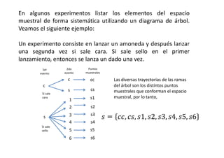 En algunos experimentos listar los elementos del espacio
muestral de forma sistemática utilizando un diagrama de árbol.
Veamos el siguiente ejemplo:
Un experimento consiste en lanzar un amoneda y después lanzar
una segunda vez si sale cara. Si sale sello en el primer
lanzamiento, entonces se lanza un dado una vez.
c
s
1
2
3
4
5
6
cc
cs
s1
s4
s5
s6
s3
s2
Si sale
cara
Si sale
sello
c
s
1er
evento
2do
evento
Puntos
muestrales
Las diversas trayectorias de las ramas
del árbol son los distintos puntos
muestrales que conforman el espacio
muestral, por lo tanto,
  , , 1, 2, 3, 4, 5, 6
 