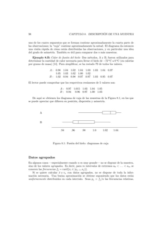 ´
CAP´TULO 8. DESCRIPCION DE UNA MUESTRA
ı

98

uno de los cuatro segmentos que se forman contiene aproximadamente la cuarta parte de
las observaciones; la “caja” contiene aproximadamente la mitad. El diagrama da entonces
una visi´n r´pida de c´mo est´n distribuidas las observaciones, y en particular una idea
o a
o
a
del grado de asimetr´a. Tambi´n es util para comparar dos o m´s muestras.
ı
e
´
a
Ejemplo 8.B: Calor de fusi´n del hielo Dos m´todos, A y B, fueron utilizados para
o
e
determinar la cantidad de calor necesaria para llevar el hielo de −72 o C a 0 o C (en calor´
ıas
por gramo de masa) [14]. Para simpliﬁcar, se ha restado 79 de todos los valores.
A : 0.98 1.04 1.02 1.04 1.03 1.03 1.04 0.97
1.05 1.03 1.02 1.00 1.02
B : 1.02 0.94 0.98 0.97 0.97 1.03 0.95 0.97
El lector puede comprobar que los respectivos res´menes de 5 valores son:
u
A : 0.97 1.015 1.03 1.04 1.05
B : 0.94 0.96 0.97 1.00 1.03
De aqu´ se obtienen los diagrama de caja de las muestras de la Figura 8.1, en los que
ı
se puede apreciar que diﬁeren en posici´n, dispersi´n y asimetr´a.
o
o
ı

A
B
.94

.96

.98

1.0

1.02

1.04

Figura 8.1: Fusi´n del hielo: diagramas de caja
o

Datos agrupados
En algunos casos –especialmente cuando n es muy grande– no se dispone de la muestra,
sino de los valores agrupados. Es decir, para m intervalos de extremos a0 < . . . < am se
conocen las frecuencias fj = card{xi ∈ [aj−1 , aj )}.
Si se quiere calcular x y vx con datos agrupados, no se dispone de toda la infor¯
maci´n necesaria. Una buena aproximaci´n se obtiene suponiendo que los datos est´n
o
o
a
uniformemente distribuidos en cada intervalo. Sean pj = fj /n las frecuencias relativas,

 