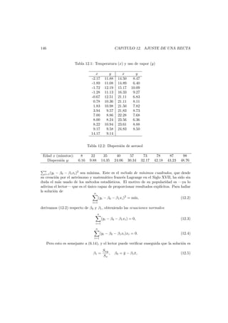 146

CAP´TULO 12. AJUSTE DE UNA RECTA
ı

Tabla 12.1: Temperatura (x) y uso de vapor (y)
x
-2.17
-1.89
-1.72
-1.28
-0.67
0.78
1.83
3.94
7.00
8.00
8.22
9.17
14.17

y
11.88
11.08
12.19
11.13
12.51
10.36
10.98
9.57
8.86
8.24
10.94
9.58
9.14

x
14.50
14.89
15.17
16.33
21.11
21.11
21.50
21.83
22.28
23.56
23.61
24.83

y
8.47
6.40
10.09
9.27
6.83
8.11
7.82
8.73
7.68
6.36
8.88
8.50

Tabla 12.2: Dispersi´n de aerosol
o
Edad x (minutos):
Dispersi´n y:
o

8
6.16

22
9.88

35
14.35

40
24.06

57
30.34

73
32.17

78
42.18

87
43.23

98
48.76

n
i=1 (yi

− β0 − β1 xi )2 sea m´
ınima. Este es el m´todo de m´
e
ınimos cuadrados, que desde
su creaci´n por el astr´nomo y matem´tico franc´s Lagrange en el Siglo XVII, ha sido sin
o
o
a
e
duda el m´s usado de los m´todos estad´
a
e
ısticos. El motivo de su popularidad es –ya lo
adivina el lector– que es el unico capaz de proporcionar resultados expl´
´
ıcitos. Para hallar
ls soluci´n de
o
n
i=1

(yi − β0 − β1 xi )2 = m´
ın,

(12.2)

derivamos (12.2) respecto de β0 y β1 , obteniendo las ecuaciones normales:
n

(yi − β0 − β1 xi ) = 0,

(12.3)

(yi − β0 − β1 xi )xi = 0.

(12.4)

i=1
n
i=1

Pero esto es semejante a (6.14), y el lector puede veriﬁcar enseguida que la soluci´n es
o
β1 =

Sxy
,
Sx

β0 = y − β1 x,
¯
¯

(12.5)

 