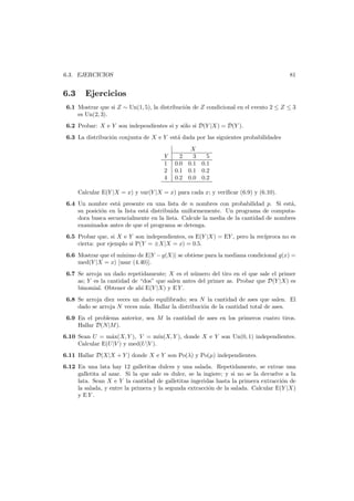 81

6.3. EJERCICIOS

6.3

Ejercicios

6.1 Mostrar que si Z ∼ Un(1, 5), la distribuci´n de Z condicional en el evento 2 ≤ Z ≤ 3
o
es Un(2, 3).
6.2 Probar: X e Y son independientes si y s´lo si D(Y |X) = D(Y ).
o
6.3 La distribuci´n conjunta de X e Y est´ dada por las siguientes probabilidades
o
a
Y
1
2
4

X
2
3
5
0.0 0.1 0.1
0.1 0.1 0.2
0.2 0.0 0.2

Calcular E(Y |X = x) y var(Y |X = x) para cada x; y veriﬁcar (6.9) y (6.10).
6.4 Un nombre est´ presente en una lista de n nombres con probabilidad p. Si est´,
a
a
su posici´n en la lista est´ distribuida uniformemente. Un programa de computao
a
dora busca secuencialmente en la lista. Calcule la media de la cantidad de nombres
examinados antes de que el programa se detenga.
6.5 Probar que, si X e Y son independientes, es E(Y |X) = EY , pero la rec´
ıproca no es
cierta: por ejemplo si P(Y = ±X|X = x) = 0.5.
6.6 Mostrar que el m´
ınimo de E|Y − g(X)| se obtiene para la mediana condicional g(x) =
med(Y |X = x) [usar (4.40)].
6.7 Se arroja un dado repetidamente; X es el n´mero del tiro en el que sale el primer
u
as; Y es la cantidad de “dos” que salen antes del primer as. Probar que D(Y |X) es
binomial. Obtener de ah´ E(Y |X) y E Y .
ı
6.8 Se arroja diez veces un dado equilibrado; sea N la cantidad de ases que salen. El
dado se arroja N veces m´s. Hallar la distribuci´n de la cantidad total de ases.
a
o
6.9 En el problema anterior, sea M la cantidad de ases en los primeros cuatro tiros.
Hallar D(N |M ).
6.10 Sean U = m´x(X, Y ), V = m´
a
ın(X, Y ), donde X e Y son Un(0, 1) independientes.
Calcular E(U |V ) y med(U |V ).
6.11 Hallar D(X|X + Y ) donde X e Y son Po(λ) y Po(µ) independientes.
6.12 En una lata hay 12 galletitas dulces y una salada. Repetidamente, se extrae una
galletita al azar. Si la que sale es dulce, se la ingiere; y si no se la devuelve a la
lata. Sean X e Y la cantidad de galletitas ingeridas hasta la primera extracci´n de
o
la salada, y entre la primera y la segunda extracci´n de la salada. Calcular E(Y |X)
o
y EY .

 