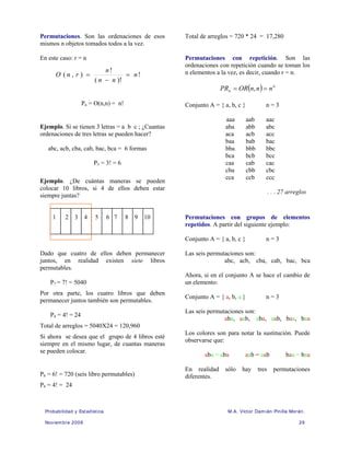 Probabilidad y Estadística M.A. Víctor Damián Pinilla Morán.
Noviembre 2009 29
Permutaciones. Son las ordenaciones de esos
mismos n objetos tomados todos a la vez.
En este caso: r = n
Pn = O(n,n) = n!
Ejemplo. Si se tienen 3 letras = a b c ; ¿Cuantas
ordenaciones de tres letras se pueden hacer?
abc, acb, cba, cab, bac, bca = 6 formas
P3 = 3! = 6
Ejemplo. ¿De cuántas maneras se pueden
colocar 10 libros, si 4 de ellos deben estar
siempre juntas?
1 2 3 4 5 6 7 8 9 10
Dado que cuatro de ellos deben permanecer
juntos, en realidad existen siete libros
permutables.
P7 = 7! = 5040
Por otra parte, los cuatro libros que deben
permanecer juntos también son permutables.
P4 = 4! = 24
Total de arreglos = 5040X24 = 120,960
Si ahora se desea que el grupo de 4 libros esté
siempre en el mismo lugar, de cuantas maneras
se pueden colocar.
P6 = 6! = 720 (seis libro permutables)
P4 = 4! = 24
Total de arreglos = 720 * 24 = 17,280
Permutaciones con repetición. Son las
ordenaciones con repetición cuando se toman los
n elementos a la vez, es decir, cuando r = n.
( ) n
n n
n
n
OR
PR =
= ,
Conjunto A = { a, b, c } n = 3
aaa aab aac
aba abb abc
aca acb acc
baa bab bac
bba bbb bbc
bca bcb bcc
caa cab cac
cba cbb cbc
cca ccb ccc
. . . 27 arreglos
Permutaciones con grupos de elementos
repetidos. A partir del siguiente ejemplo:
Conjunto A = { a, b, c } n = 3
Las seis permutaciones son:
abc, acb, cba, cab, bac, bca
Ahora, si en el conjunto A se hace el cambio de
un elemento:
Conjunto A = { a, b, a } n = 3
Las seis permutaciones son:
aba, aab, aba, aab, baa, baa
Los colores son para notar la sustitución. Puede
observarse que:
aba = aba aab = aab baa = baa
En realidad sólo hay tres permutaciones
diferentes.
!
)!
(
!
)
,
( n
n
n
n
r
n
O =
−
=
 