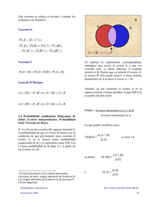 Probabilidad y Estadística M.A. Víctor Damián Pinilla Morán.
Noviembre 2009 37
Este teorema se reduce al axioma 3 cuando los
conjuntos son disjuntos1
.
Teorema 4:
Teorema 5:
)
(
)
(
)
(
)
( B
A
P
B
P
A
P
B
A
P ∪
−
+
=
∩
Leyes de D’Morgan
'
'
)'
( B
A
B
A ∩
=
∪ ⇔ B
A
B
A ∩
=
∪ )
(
'
'
)'
( B
A
B
A ∪
=
∩ ⇔ B
A
B
A ∪
=
∩ )
(
2.4 Probabilidad condicional. Diagramas de
árbol. Eventos independientes. Probabilidad
total. Teorema de Bayes.
Si A y B son dos eventos del espacio muestral S,
la probabilidad de que el evento B ocurra con la
condición de que previamente haya ocurrido el
evento A, se le conoce como probabilidad
condicional de B y se representa como P(B I A)
( Léase probabilidad de B dado A ) A partir de
los eventos A y B :
1 Si dos conjuntos A y B no tienen elementos
comunes, es decir, ningún elemento de A está en B
y si ningún elemento de B está en A, se dice que A
y B son disjuntos.
Al realizar el experimento correspondiente,
supóngase que ocurre el evento A y una vez
ocurrido éste, se desea observar si también
ocurrió el B. Puesto que ya ocurrió el evento A,
el evento B sólo puede ocurrir si tiene eventos
elementales en A es decir si existe A ∩ B.
Además, en ese momento el evento A es el
espacio total de eventos posibles. Luego P(B IA)
se puede calcular como.
P(BIA) = Eventos elementales en A y en B
Eventos elementales en A
Lo que puede escribirse como:
)
(
)
(
)
(
A
n
B
A
n
BIA
P
∩
= si n(A) ≠ 0
se define
)
(
)
(
)
(
S
n
B
A
AB
P
∩
=
y
)
(
)
(
)
(
S
n
A
n
A
P =
 