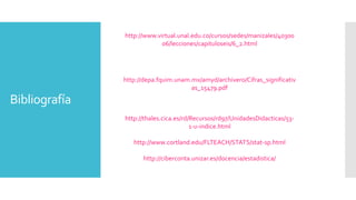 Bibliografía
http://www.virtual.unal.edu.co/cursos/sedes/manizales/40300
06/lecciones/capituloseis/6_2.html
http://depa.fquim.unam.mx/amyd/archivero/Cifras_significativ
as_15479.pdf
http://thales.cica.es/rd/Recursos/rd97/UnidadesDidacticas/53-
1-u-indice.html
http://www.cortland.edu/FLTEACH/STATS/stat-sp.html
http://ciberconta.unizar.es/docencia/estadistica/
 