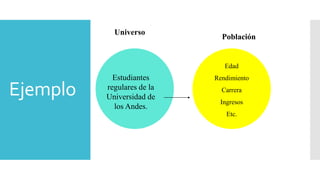 Ejemplo
Estudiantes
regulares de la
Universidad de
los Andes.
Universo
Edad
Rendimiento
Carrera
Ingresos
Etc.
Población
 