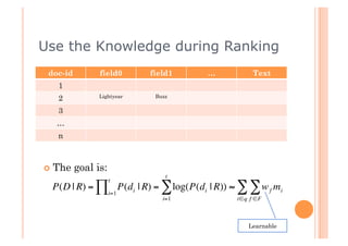 Use the Knowledge during Ranking
     doc-id         field0      field1    …           Text
       1
                    Lightyear    Buzz
       2
       3
       …
       n



      The    goal is:
                                    t
                         t
      P(D | R) = ∏ P(di | R) = ∑ log(P(di | R)) ≈ ∑ ∑ w f mi
                         i=1
                                   i=1           i∈q f ∈F



                                                    Learnable

€
 