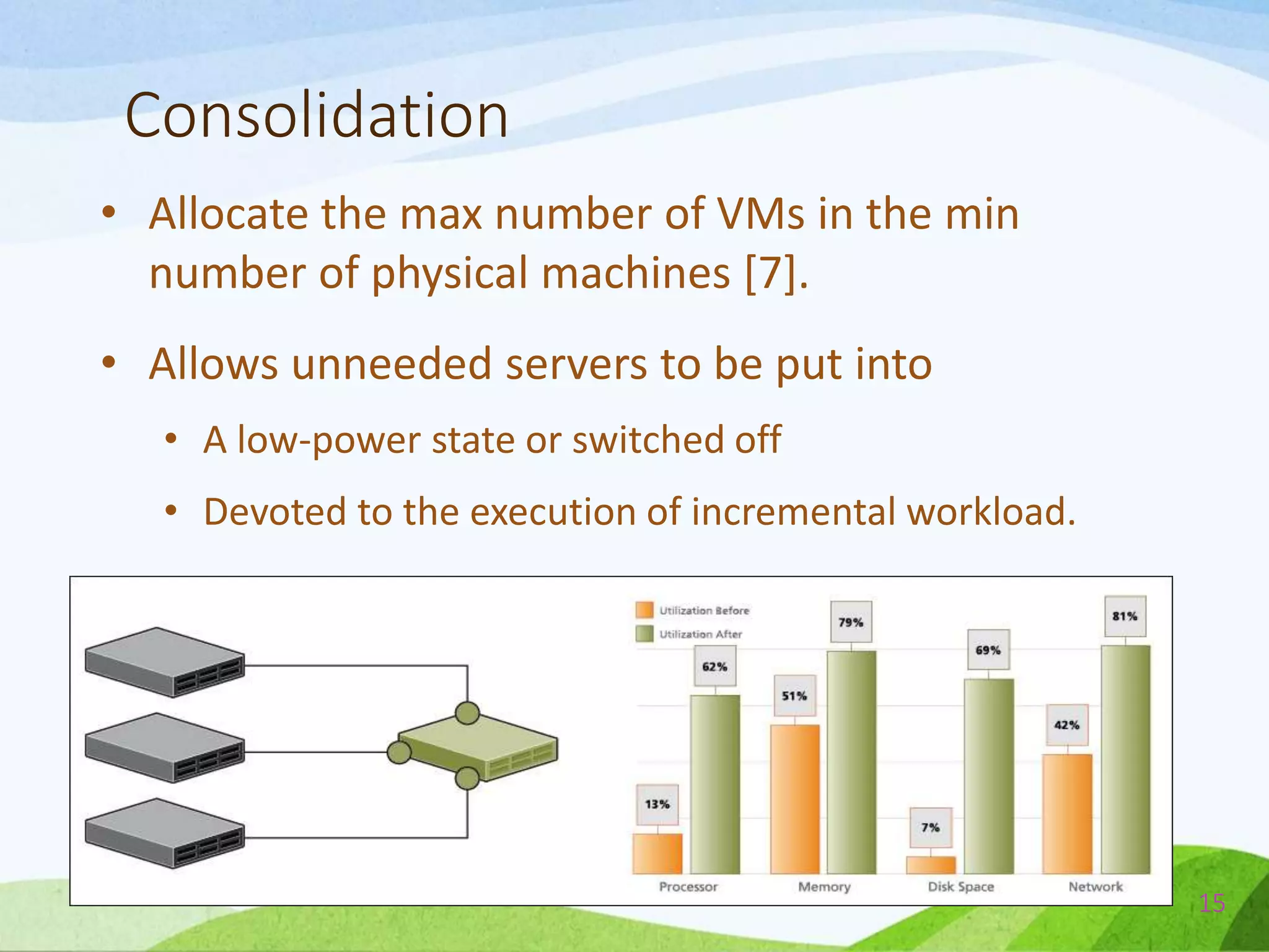 Consolidation
• Allocate the max number of VMs in the min
number of physical machines [7].
• Allows unneeded servers to be put into
• A low-power state or switched off
• Devoted to the execution of incremental workload.
15
 