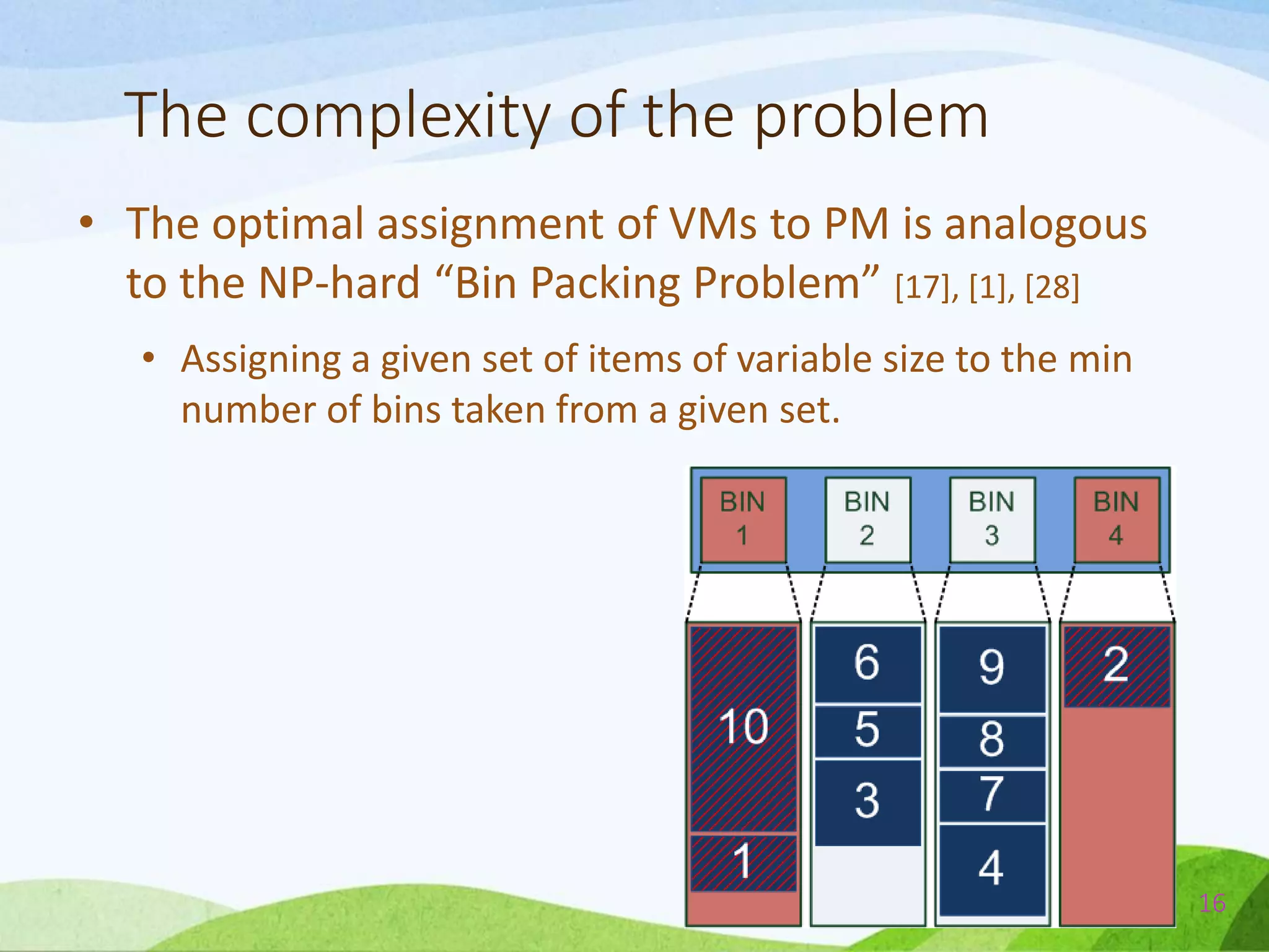 The complexity of the problem
• The optimal assignment of VMs to PM is analogous
to the NP-hard “Bin Packing Problem” [17], [1], [28]
• Assigning a given set of items of variable size to the min
number of bins taken from a given set.
16
 