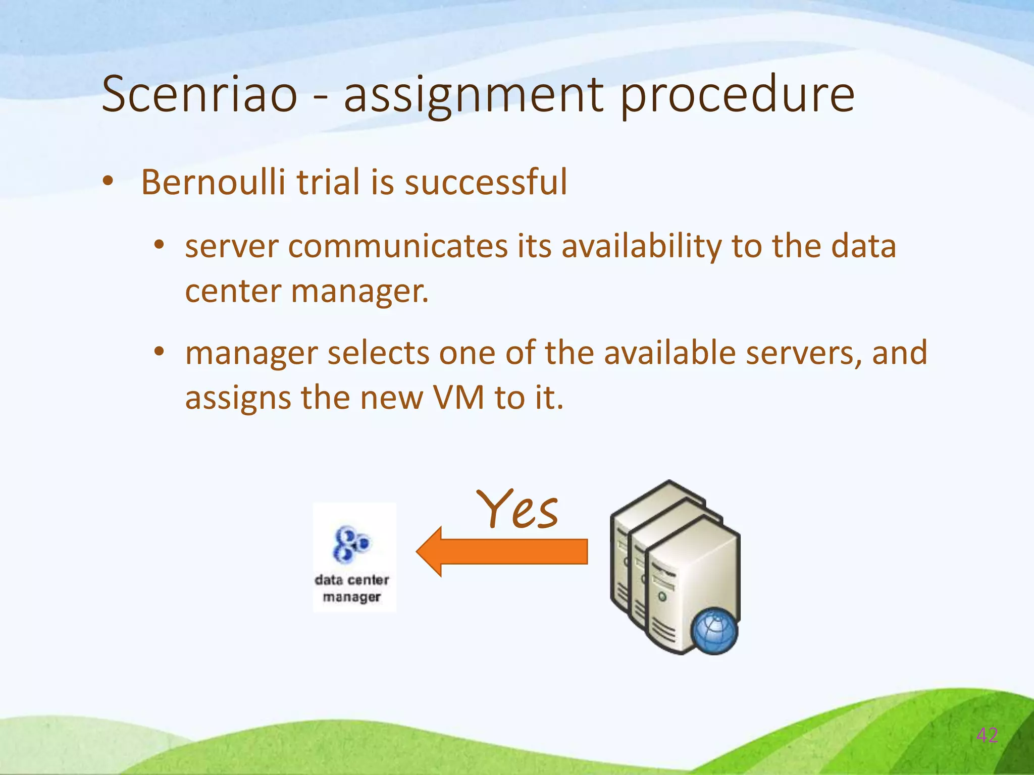 Scenriao - assignment procedure
• Bernoulli trial is successful
• server communicates its availability to the data
center manager.
• manager selects one of the available servers, and
assigns the new VM to it.
42
Yes
 