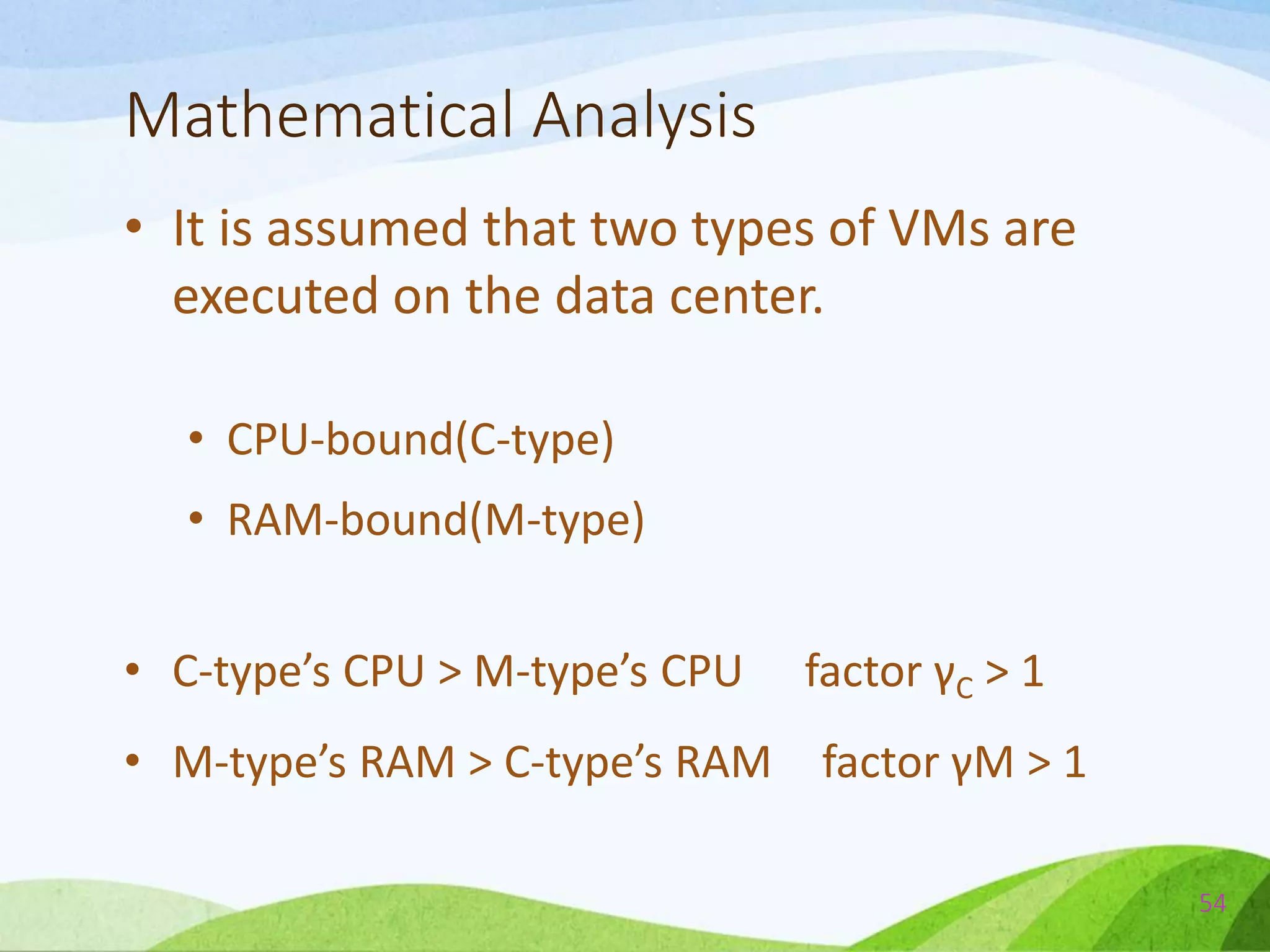 Mathematical Analysis
• It is assumed that two types of VMs are
executed on the data center.
• CPU-bound(C-type)
• RAM-bound(M-type)
• C-type’s CPU > M-type’s CPU factor γC > 1
• M-type’s RAM > C-type’s RAM factor γM > 1
54
 