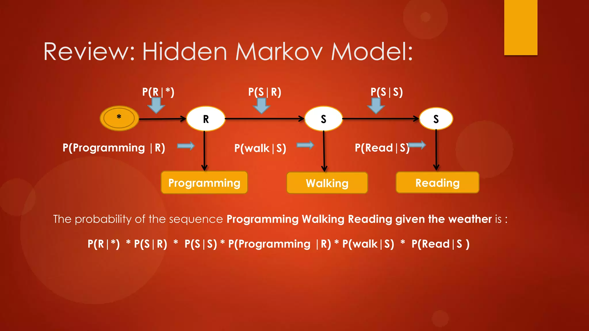 Review: Hidden Markov Model:
R S S
Programming ReadingWalking
P(Programming |R)
*
P(R|*) P(S|R) P(S|S)
P(walk|S) P(Read|S)
The probability of the sequence Programming Walking Reading given the weather is :
P(R|*) * P(S|R) * P(S|S) * P(Programming |R) * P(walk|S) * P(Read|S )
 