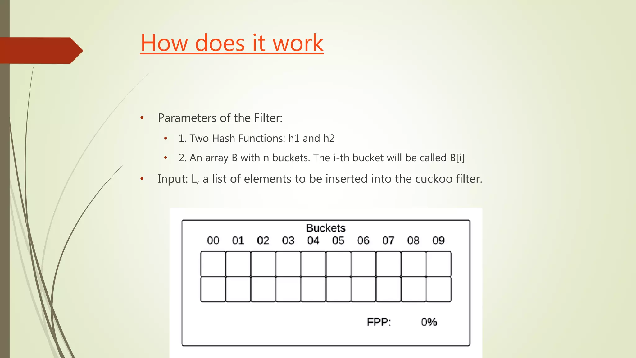 How does it work
• Parameters of the Filter:
• 1. Two Hash Functions: h1 and h2
• 2. An array B with n buckets. The i-th bucket will be called B[i]
• Input: L, a list of elements to be inserted into the cuckoo filter.
 
