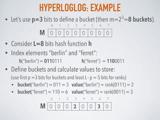 HYPERLOGLOG: EXAMPLE
• Consider L=8 bits hash function h
• Index elements “berlin” and “ferret”:
h(“berlin”) = 0110111 h(“...