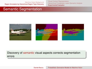 Visual Content Representation
                             Machine Vision Background
                                                           Hierarchical Probabilistic Latent Semantic Analysis
Region Annotation by Hierarchical Region Topic Discovery
                                                           Experimental Evaluation


Semantic Segmentation




   Discovery of semantic visual aspects corrects segmentation
   errors


                                         Davide Bacciu     Probabilistic Generative Models for Machine Vision
 