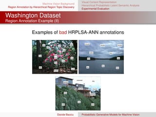 Visual Content Representation
                              Machine Vision Background
                                                                                             Hierarchical Probabilistic Latent Semantic Analysis
 Region Annotation by Hierarchical Region Topic Discovery
                                                                                             Experimental Evaluation


Washington Dataset
Region Annotation Example (II)


                         Examples of bad HRPLSA-ANN annotations

                    50                                                               50
                                                                            tree                  clouds
                                  tree                    tree                                                          clouds           clouds
                   100                                                              100
                                         tree
                   150                                            tree              150


                   200                                                              200                    water                 sky
                           tree                  tree
                   250                                                              250
                                                 tree                       tree                                                        tree
                                                                                                     tree
                   300                                                              300
                                                                 tree
                   350
                                                 tree                               350

                                                                                                                          sky
                   400                                                              400
                           tree                                                                     sky                                tree
                                                                             bush
                   450                                                              450
                                                 flower
                   500                                                              500




                                                 50
                                                                                    overcast
                                                                                                              sky
                                                                   people
                                                100


                                                150

                                                                                          house                clouds
                                                200


                                                250                 tree
                                                                                                            people
                                                300


                                                350
                                                                                      tree
                                                400
                                                                 tree                                        tree
                                                450


                                                500



                                                        Davide Bacciu                        Probabilistic Generative Models for Machine Vision
 