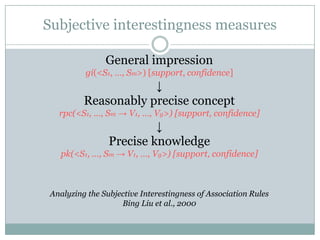 Subjective interestingness measures
General impression
gi(<S1, …, Sm>) [support, confidence]
↓
Reasonably precise concept
rpc(<S1, …, Sm → V1, …, Vg>) [support, confidence]
↓
Precise knowledge
pk(<S1, …, Sm → V1, …, Vg>) [support, confidence]
Analyzing the Subjective Interestingness of Association Rules
Bing Liu et al., 2000
 