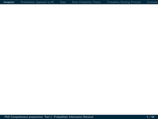 Inception Probabilistic Approach to IR Data Basic Probability Theory Probability Ranking Principle Extension
PhD Comprehensive presentation Part 1: Probabilistic Information Retrieval 5 / 59
 