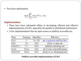  Two-layer optimization,
Implementations
 There have been substantial efforts in developing efficient and effective
implementations of LDA, especially for parallel or distributed architectures.
 A few implementations that are open-source or publicly accessible are,
Publicly-accessible implementations of LDA
 