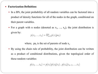  Factorization Definition:
 In a BN, the joint probability of all random variables can be factored into a
product of density functions for all of the nodes in the graph, conditional on
their parent variables.
 For a graph with n nodes (denoted as x1, ..., xn), the joint distribution is
given by:
where, pai is the set of parents of node xi.
 By using the chain rule of probability, the joint distribution can be written
as a product of conditional distributions, given the topological order of
these random variables:
 