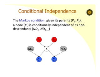 Conditional Independence
The Markov condition: given its parents (P1, P2),
a node (X ) is conditionally independent of its non‐
descendants (ND1, ND2,….)
X
P1 P2
C1 C2
ND2
ND1
 