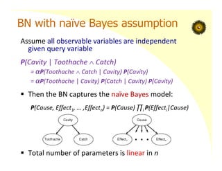 BN with naïve Bayes assumption
Assume all observable variables are independent
given query variable
P(Cavity | Toothache  Catch)
= αP(Toothache  Catch | Cavity) P(Cavity)
= αP(Toothache | Cavity) P(Catch | Cavity) P(Cavity)
 Then the BN captures the naïve Bayes model:
P(Cause, Effect1, … ,Effectn) = P(Cause) ∏i P(Effecti|Cause)
 Total number of parameters is linear in n
 