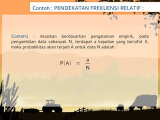 Contoh : PENDEKATAN FREKUENSI RELATIF :




Contoh1 : misalkan berdasarkan pengalaman empirik, pada
pengambilan data sebanyak N, terdapat a kejadian yang bersifat A,
maka probabilitas akan terjadi A untuk data N adalah :

                                   a
                       P(A) =
                                   N
 