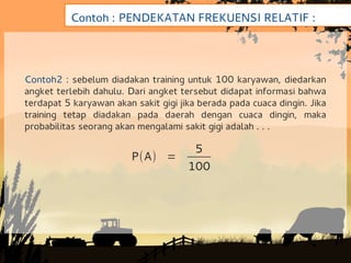 Contoh : PENDEKATAN FREKUENSI RELATIF :




Contoh2 : sebelum diadakan training untuk 100 karyawan, diedarkan
angket terlebih dahulu. Dari angket tersebut didapat informasi bahwa
terdapat 5 karyawan akan sakit gigi jika berada pada cuaca dingin. Jika
training tetap diadakan pada daerah dengan cuaca dingin, maka
probabilitas seorang akan mengalami sakit gigi adalah . . .

                                       5
                         P(A) =
                                      100
 