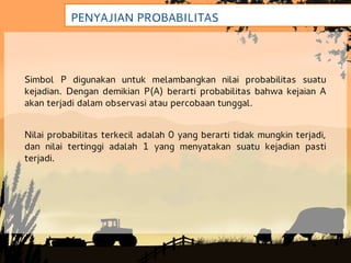 PENYAJIAN PROBABILITAS




Simbol P digunakan untuk melambangkan nilai probabilitas suatu
kejadian. Dengan demikian P(A) berarti probabilitas bahwa kejaian A
akan terjadi dalam observasi atau percobaan tunggal.


Nilai probabilitas terkecil adalah 0 yang berarti tidak mungkin terjadi,
dan nilai tertinggi adalah 1 yang menyatakan suatu kejadian pasti
terjadi.
 