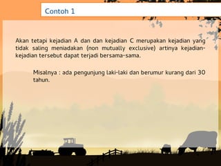 Contoh 1


Akan tetapi kejadian A dan dan kejadian C merupakan kejadian yang
tidak saling meniadakan (non mutually exclusive) artinya kejadian-
kejadian tersebut dapat terjadi bersama-sama.

      Misalnya : ada pengunjung laki-laki dan berumur kurang dari 30
      tahun.
 