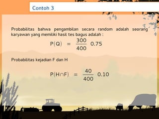 Contoh 3


Probabilitas bahwa pengambilan secara random adalah seorang
karyawan yang memiliki hasil tes bagus adalah :
                                300
                   P(Q) =           0.75
                                400

Probabilitas kejadian F dan H

                                  40
                   P(H∩F) =           0.10
                                  400
 