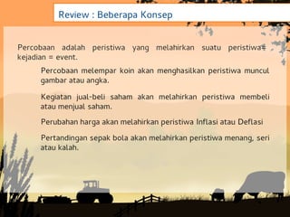 Review : Beberapa Konsep


Percobaan adalah peristiwa yang melahirkan suatu peristiwa=
kejadian = event.
     Percobaan melempar koin akan menghasilkan peristiwa muncul
     gambar atau angka.

     Kegiatan jual-beli saham akan melahirkan peristiwa membeli
     atau menjual saham.
     Perubahan harga akan melahirkan peristiwa Inflasi atau Deflasi
     Pertandingan sepak bola akan melahirkan peristiwa menang, seri
     atau kalah.
 