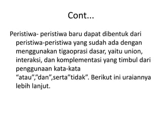 Cont...
Peristiwa- peristiwa baru dapat dibentuk dari
peristiwa-peristiwa yang sudah ada dengan
menggunakan tigaoprasi dasar, yaitu union,
interaksi, dan komplementasi yang timbul dari
penggunaan kata-kata
“atau”,”dan”,serta”tidak”. Berikut ini uraiannya
lebih lanjut.
 