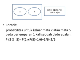 • Contoh:
probabilitas untuk keluar mata 2 atau mata 5
pada perlemparan 1 kali sebuah dadu adalah:
P (2 ᴗ 5)= P(2)+P(5)=1/6+1/6=2/6
A B
P(A ᴗ B)-P(A)+P(B)
P(A ᴗ B)=0
 