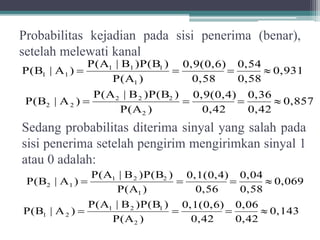 Probabilitas kejadian pada sisi penerima (benar),
setelah melewati kanal
0,857
0,42
0,36
0,42
0,9(0,4)
)P(A
))P(BB|P(A
)A|P(B
0,931
0,58
0,54
0,58
0,9(0,6)
)P(A
))P(BB|P(A
)A|P(B
2
222
22
1
111
11


Sedang probabilitas diterima sinyal yang salah pada
sisi penerima setelah pengirim mengirimkan sinyal 1
atau 0 adalah:
0,143
0,42
0,06
0,42
0,1(0,6)
)P(A
))P(BB|P(A
)A|P(B
0,069
0,58
0,04
0,56
0,1(0,4)
)P(A
))P(BB|P(A
)A|P(B
2
121
21
1
221
12


 