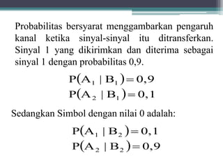 Probabilitas bersyarat menggambarkan pengaruh
kanal ketika sinyal-sinyal itu ditransferkan.
Sinyal 1 yang dikirimkan dan diterima sebagai
sinyal 1 dengan probabilitas 0,9.
 
  0,1B|AP
0,9B|AP
12
11


Sedangkan Simbol dengan nilai 0 adalah:
 
  0,9B|AP
0,1B|AP
22
21


 