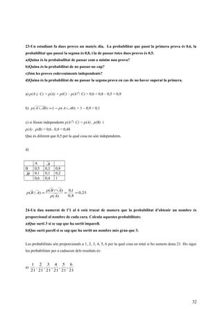 23-Un estudiant fa dues proves un mateix dia. La probabilitat que passi la primera prova és 0,6, la
probabilitat que passsi la segona és 0,8, i la de passar totes dues proves és 0,5.
a)Quina és la probabailitat de passar com a mínim una prova?
b)Quina és la probabilitat de no passar-ne cap?
c)Són les proves esdeveniments independents?
d)Quina és la probabilitat de no passar la segona prova en cas de no haver superat la primera.
a) p(A ∪ C) = p(A) + p(C) – p(A ∩ C) = 0,6 + 0,8 – 0,5 = 0,9
b) )(1)( BApBAp ∪−=∪ = 1 – 0,9 = 0,1
c) si fóssin independents p(A ∩ C) = p(A) . p(B) i
p(A) . p(B) = 0,6 . 0,8 = 0,48
Que és diferent que 0,5 per la qual cosa no són independents.
d)
A A
B 0,5 0,3 0,8
B 0,1 0,1 0,2
0,6 0,4 1
25,0
4,0
1,0
)(
)(
)|( ==
∩
=
Ap
ABp
ABp
24-Un dau numerat de l’1 al 6 està trucat de manera que la probabilitat d’obtenir un nombre és
proporcional al nombre de cada cara. Calcula aquestes probabilitats:
a)Que surti 3 si se sap que ha sortit imparell.
b)Que surti parell si se sap que ha sortit un nombre més gran que 3.
Les probabilitats són proporcionals a 1, 2, 3, 4, 5, 6 per la qual cosa en total si ho sumem dona 21. Ho sigui
les probabilitats per a cadascun dels resultats és:
a)
21
6
,
21
5
,
21
4
,
21
3
,
21
2
,
21
1
32
 